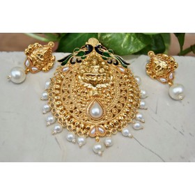 Golden Carved Meenakari Lakshmi Peacock Pearl Pendant Set